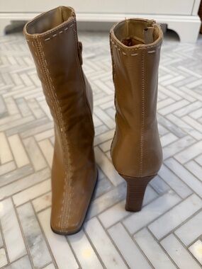 Paprika Tan Faux Leather Mid-Calf Heel Boots